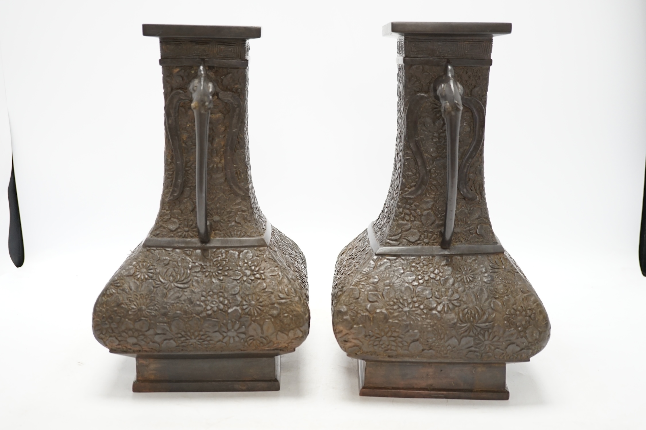 A pair of Japanese Meiji period bronze vases, 30cm. Condition - fair